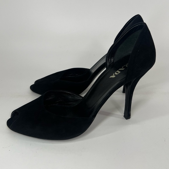 Prada black suede peeptoe stiletto pumps D’Orsay style size 39 US 9 Nine 4” heel - Picture 1 of 10